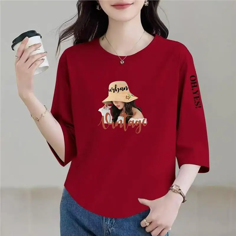 

Loose Fit Mom T-Shirt Three Quarter Sleeve Fashionable plus Size Casual Top for Middle Aged And Elderly Women