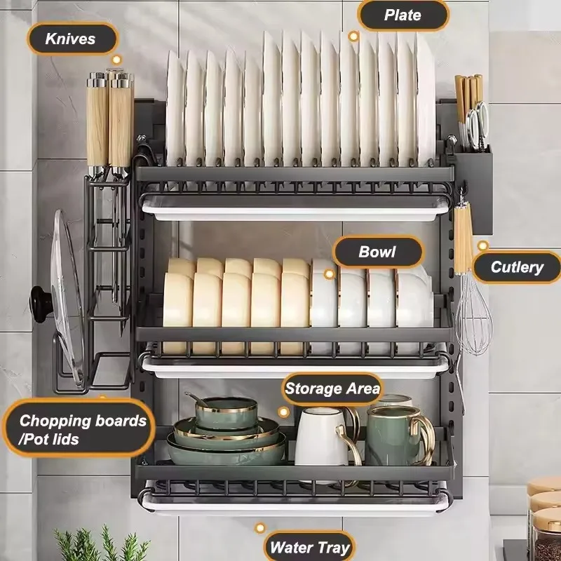 

2/3 Layer Kitchen Dish Rack Wall Mounted Multifunctional Storage Rack Wall Modern Cupboard No Drilling No Damage Wall