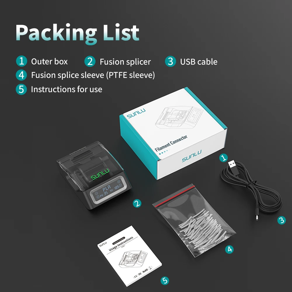 SUNLU Filament Connector FC01 voor 1.75mm PLA/ABS/PETG/PA/PC snel lassen splitter eenvoudig te gebruiken met 200 PTFE hulzen