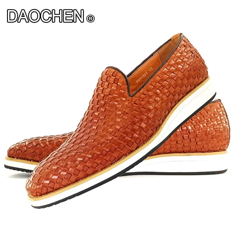 

LUXURY MEN'S CASUAL LEATHER SHOES SLIP ON LOAFERS WEAVE PRINT BLACK BROWN MENS DRESS OFFICE DAILY WALKING SHOES FOR MEN