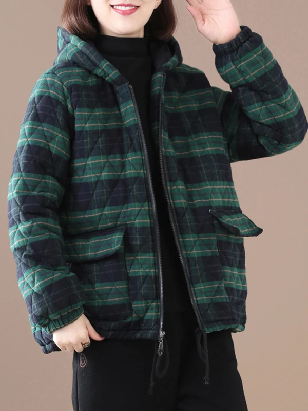 Thickened Cotton Jacket Women's Casual Hooded Long Sleeve Plaid Patterned Coat Warm Comfortable Spring Autumn Winter Outerwear
