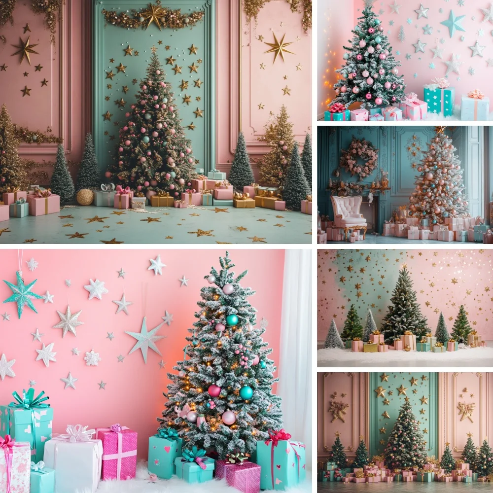 

Pink Christmas Theme Photography Background Xmas Tree Star Gift Box Holiday Family Party Girl Princess Photo Backdrop Studio