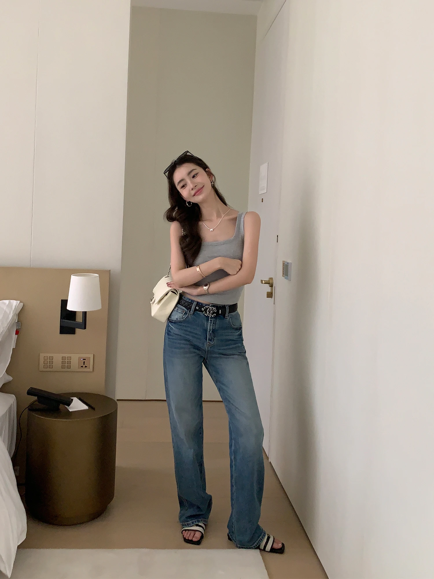 

Pusumede Blue Island Waed Diagonal Denim Jeans Women's Loose Straight Leg Wide Leg Long Pants Cotton l Waist