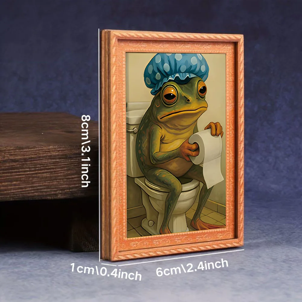 1 Piece of a Quirky Refrigerator Magnet Featuring a Frog Sitting on a Toilet, Mini Photo Frame Design, Small Creative Frame Hanging Picture, Wooden Craft, Fun Home Decoration, a Must-Have Novelty Refrigerator Magnet, Interesting Home Decor Prop, Holiday Gift