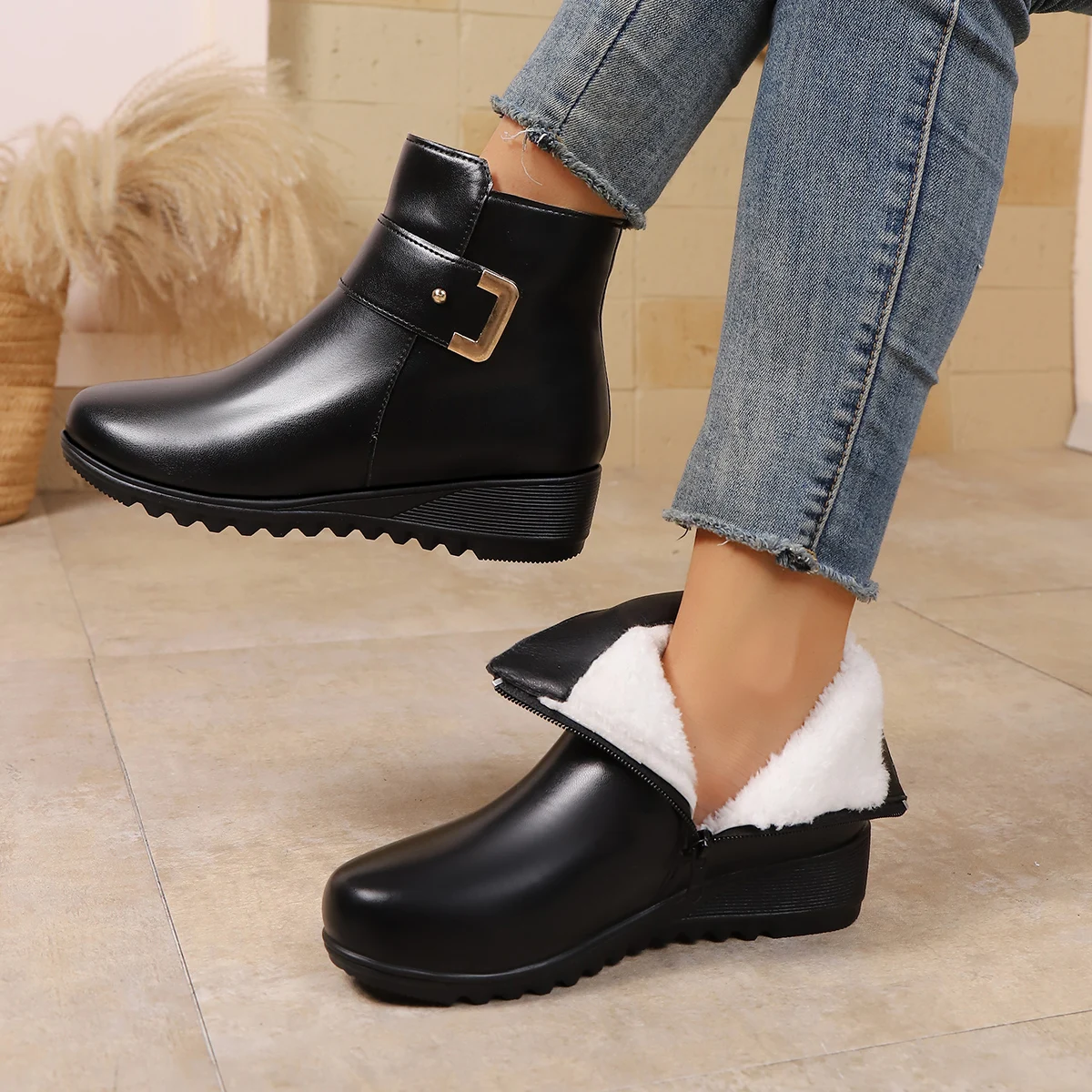 أحذية نسائية قطنية جديدة للخريف والشتاء بكعب منخفض ومقدمة مستديرة وسحاب جانبي من الصوف