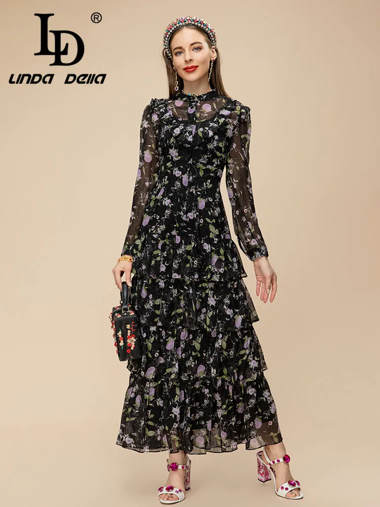 LD LINDA DELLA 2023 Summer Runway Designer Vintage Dress Women\'s Long Sleeve High Waist Cascading Ruffle Splice Chiffon Dress