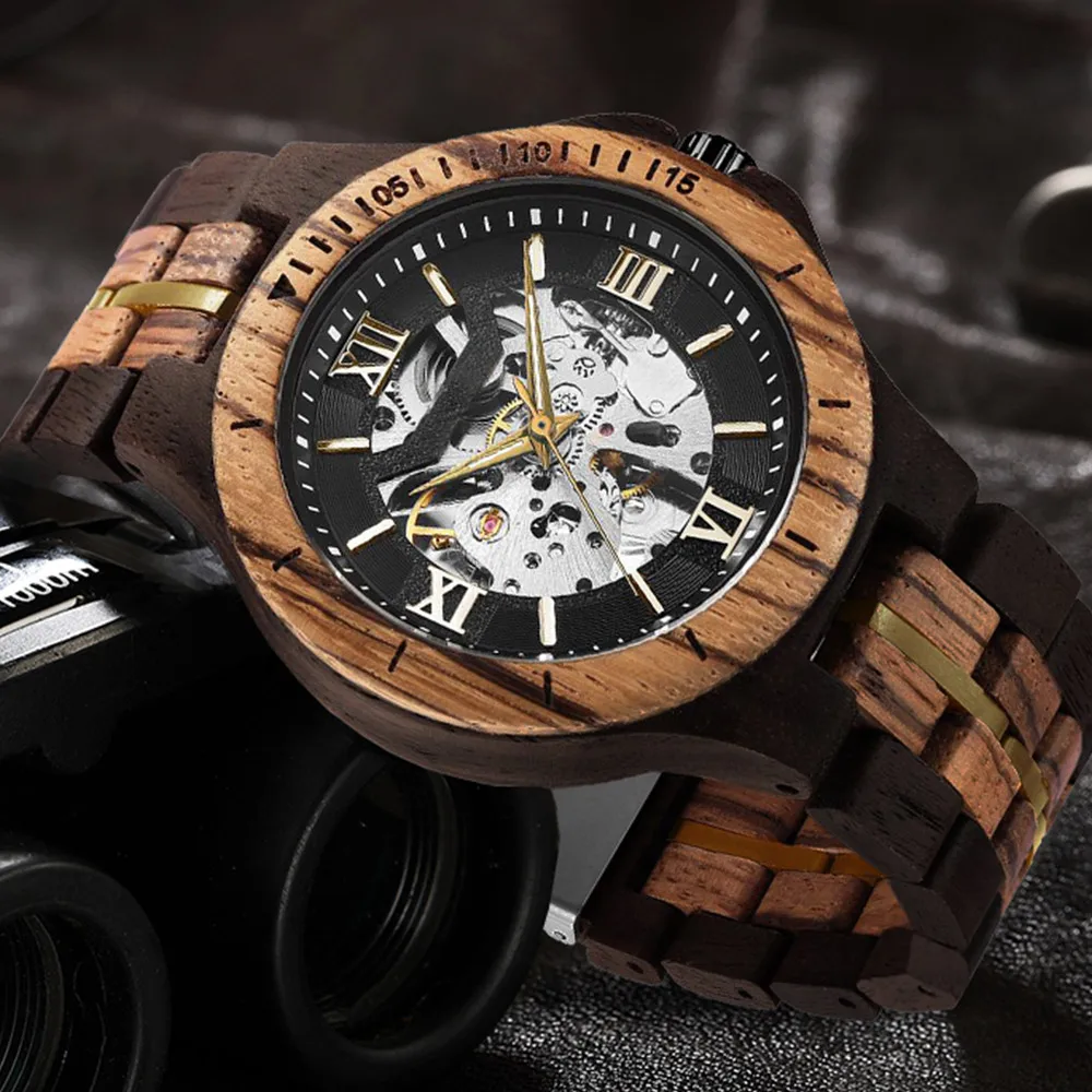 KUNHUANG-Reloj de madera para hombre, automático, mecánico, de lujo, con esfera de esqueleto Natural, caja de regalo