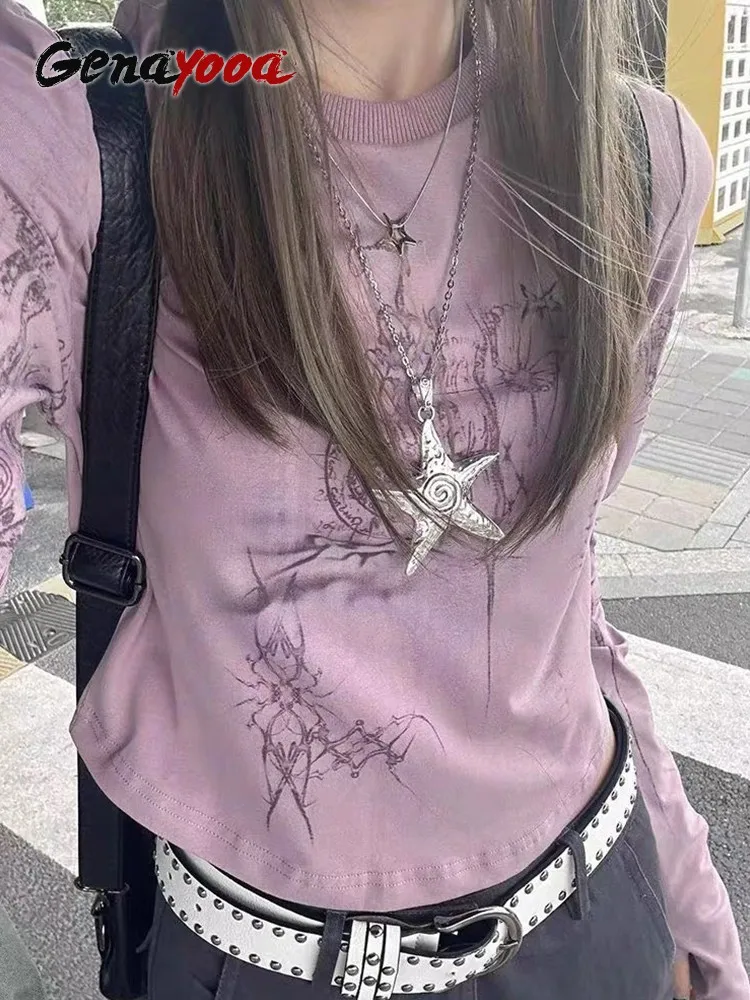 Genayooa Gothic Print T Shirt Women Long Sleeve Y2k Vintage Tops Streetwear 2000s Japanese Crop Tops E Girls Tshirs Autumn