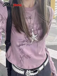 Genayooa Gothic Print T Shirt Women Long Sleeve Y2k Vintage Tops Streetwear 2000s Japanese Crop Tops E Girls Tshirs Autumn