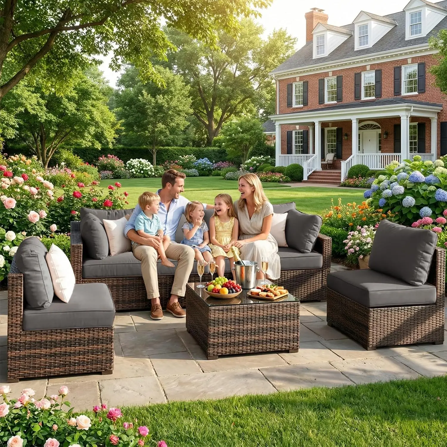 7pc Wicker Sectional Sofa All Weather High Backrest Rattan Set Cushion & Glass Table for Backyard Deck Porch, Customized