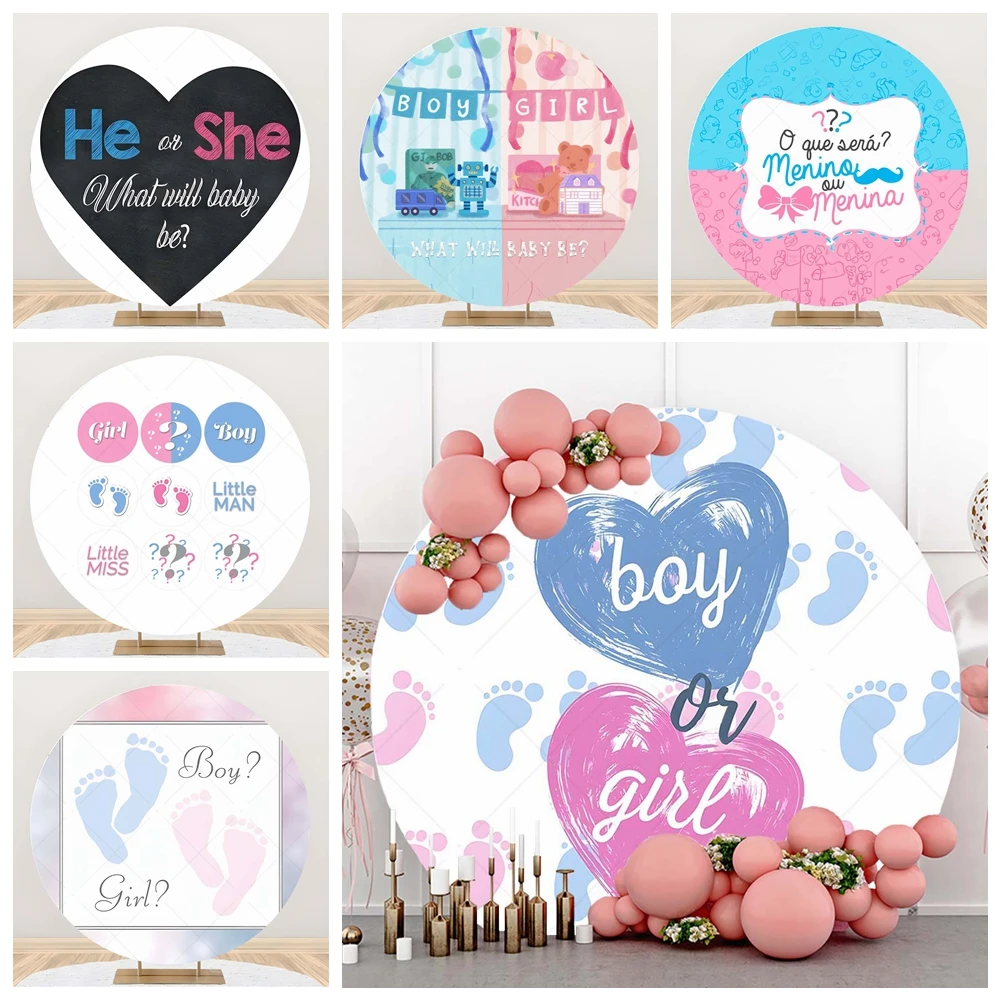 

He or She Baby Gender Hints Kids Birthday Party Round Backdrop Custom Blue Pink Theme Photography Poster Studio Decor Background