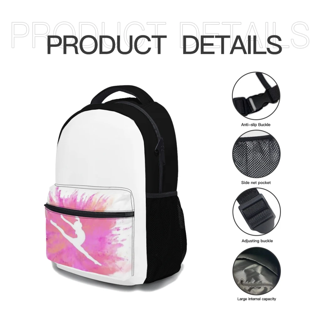 Pink Explosion Gymnastics Silhouette Backpack, impermeável mochila universitária de alta capacidade, nova moda feminina infantil, 17in