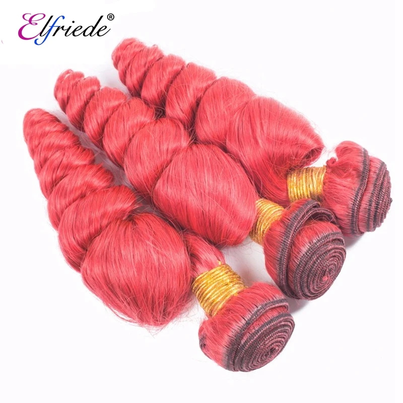 Bundel rambut gelombang longgar merah Elfriede # dengan penutup rambut manusia Remy Brasil jalinan 3 bundel dengan 4X4 penutupan renda transparan