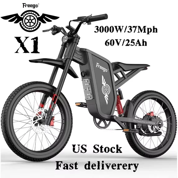 Freego X1 Electric Motorcycles 37MPH 3000W Motor 60V25Ah Battery 40 Miles Range Off Road Ebike 17X1.6'' Tire Electric Dirt Bikes