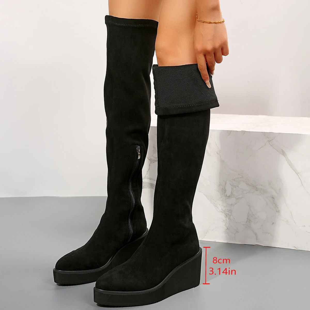 Thigh High Boots Women Shoes Sexy Autumn Winter Black Wedge Heeled Over-the-knee Boots Fetish Party Shoes Ladies Long Boots