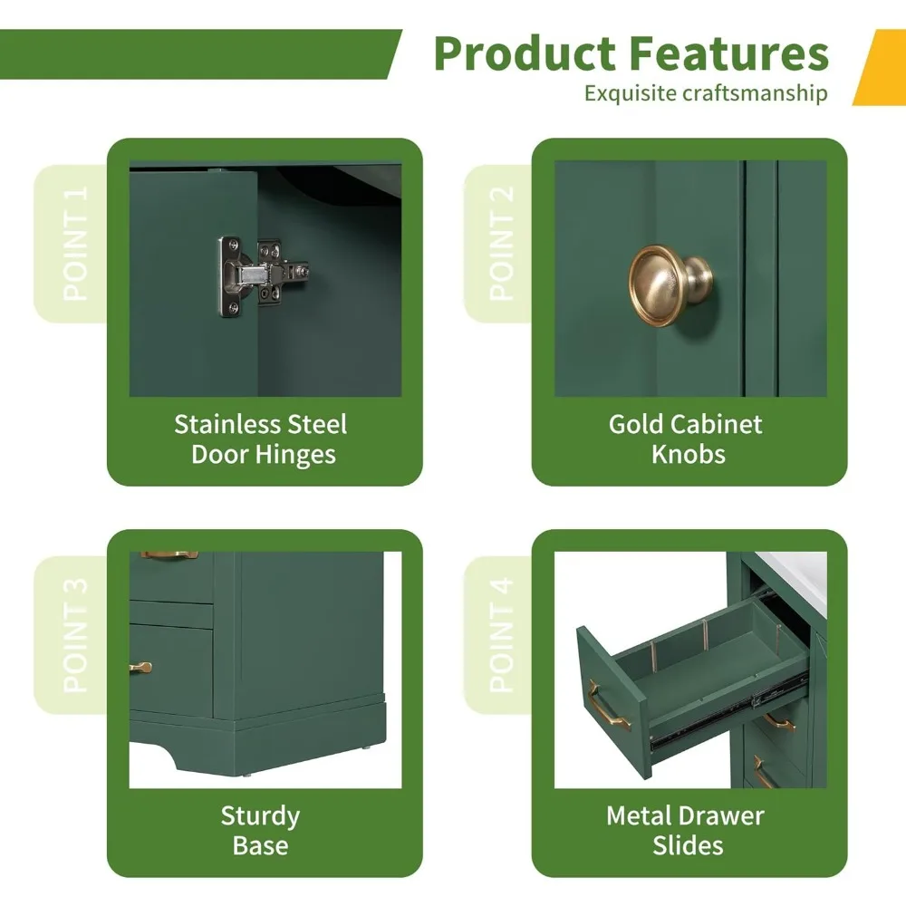 Mobile da bagno verde da 36 pollici con lavabo, sei cassetti, ripiano regolabile, porta con chiusura ammortizzata
