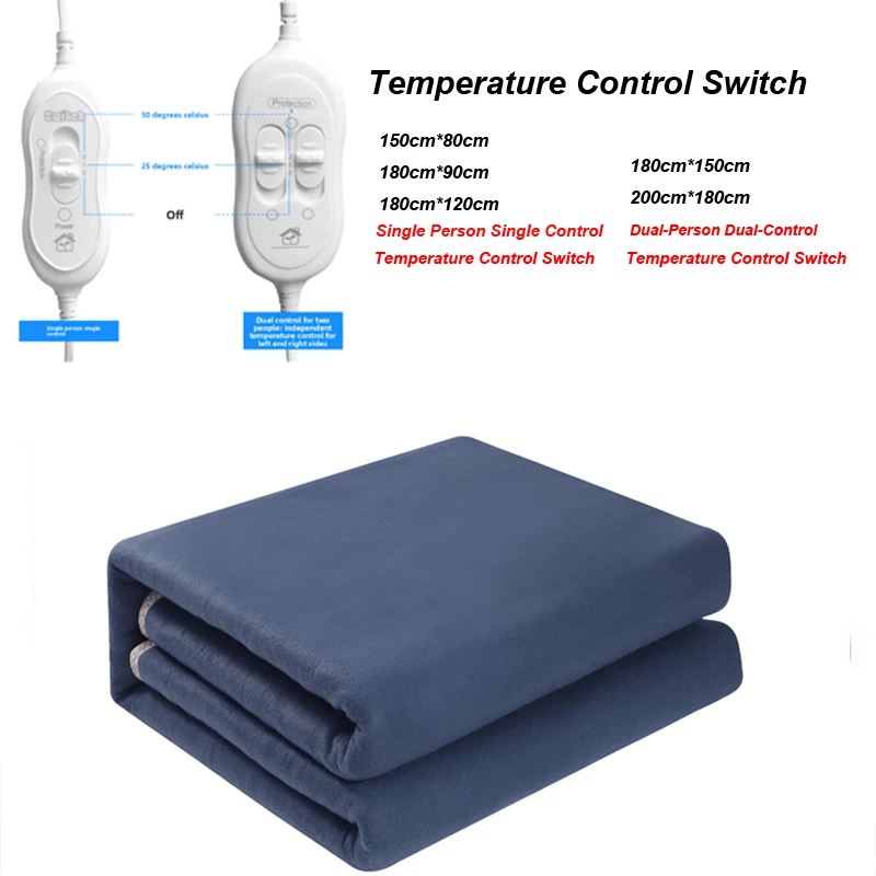 Manta calefactora de felpa azul sólido con enchufe de la UE del Reino Unido, manta calefactora eléctrica a prueba de humedad de tamaño doble individual con certificación de seguridad
