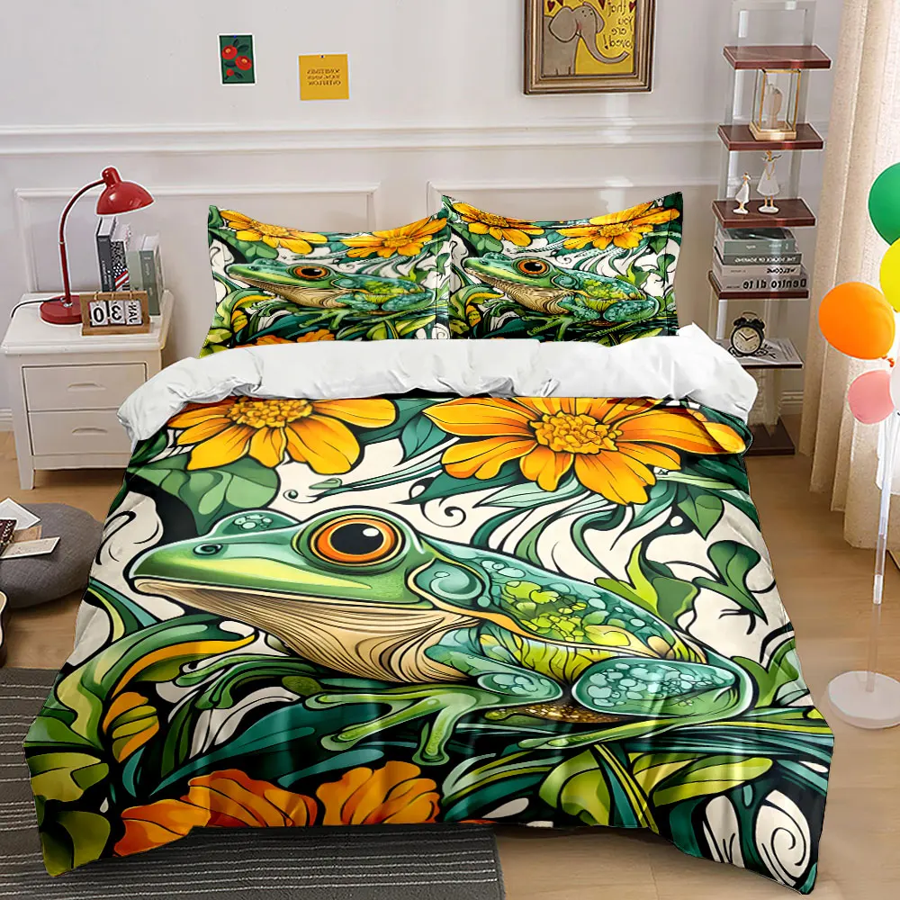Painted Green Frog with Orange Blossoms Printed Duvet Cover Set1 Duvet Cover+2 PillowcaseMulti Size Bedroom Bedding Decoration