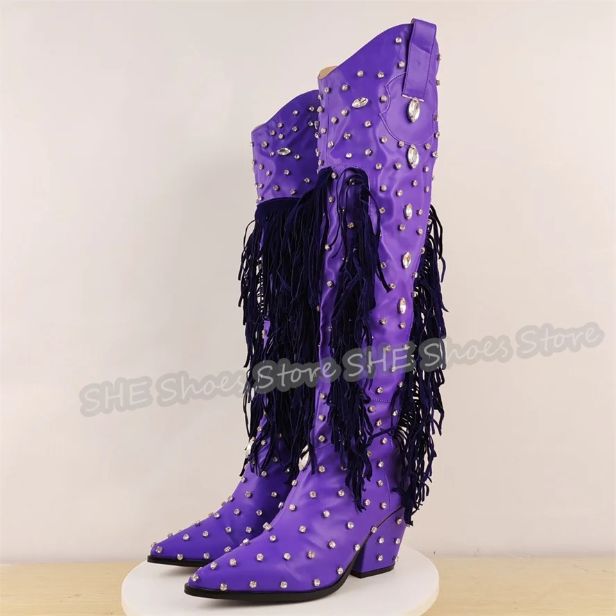 

Luxury Rhinestone Tassel Fringe Women Western Boots Pointed Toe Chunky Heel Knee High Long Boots Lady Party Dress Boots