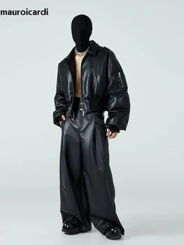 Mauroicardi Herbst Winter Kurze Dicke Warme Schwarze Pu Leder Jacke Männer mit Lange Sleeve Zipper Casual Luxus Designer Kleidung