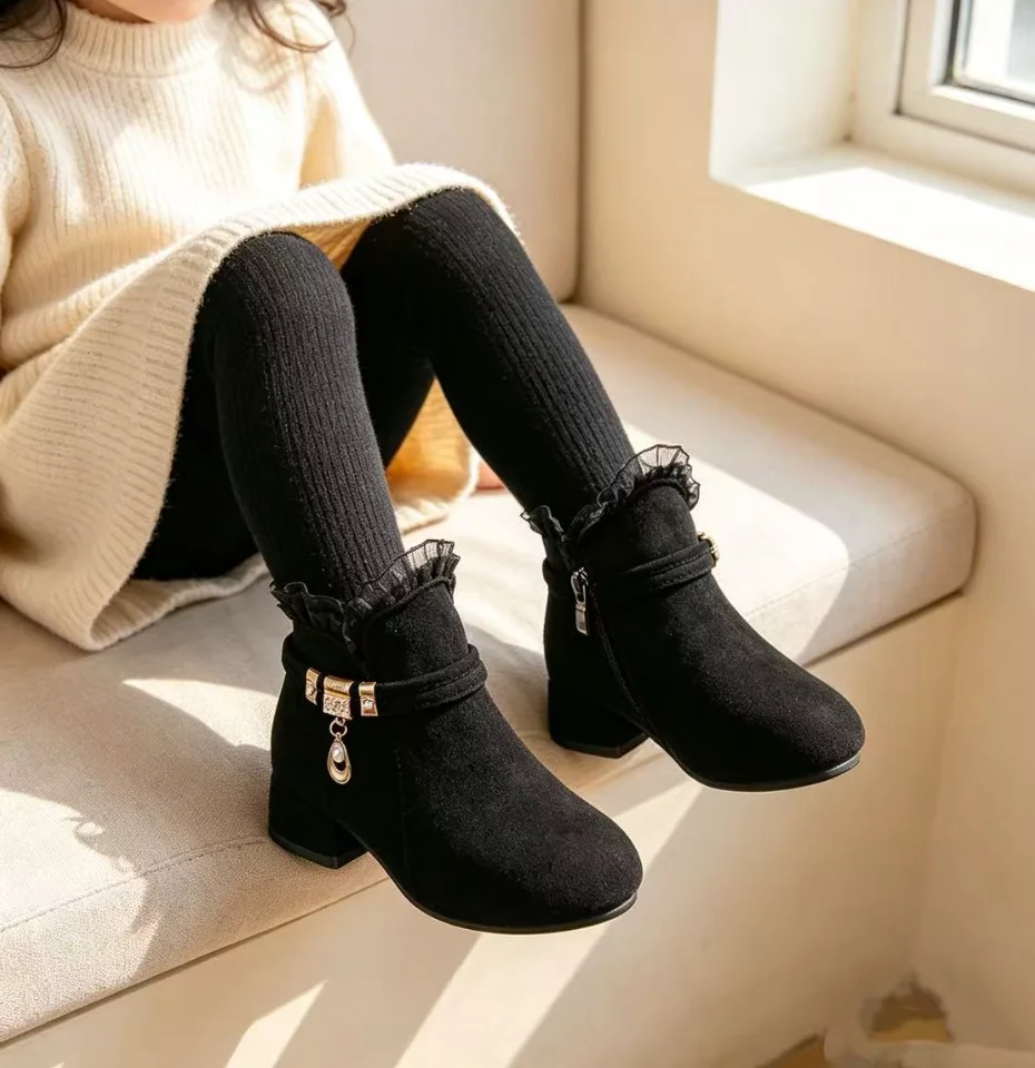 Girls Autumn Chunky Heel Boots Fashion Childrens Lace Short Boots kids Lace Antiskid Party Princess Shoes Kids Size 27-28 Bootie