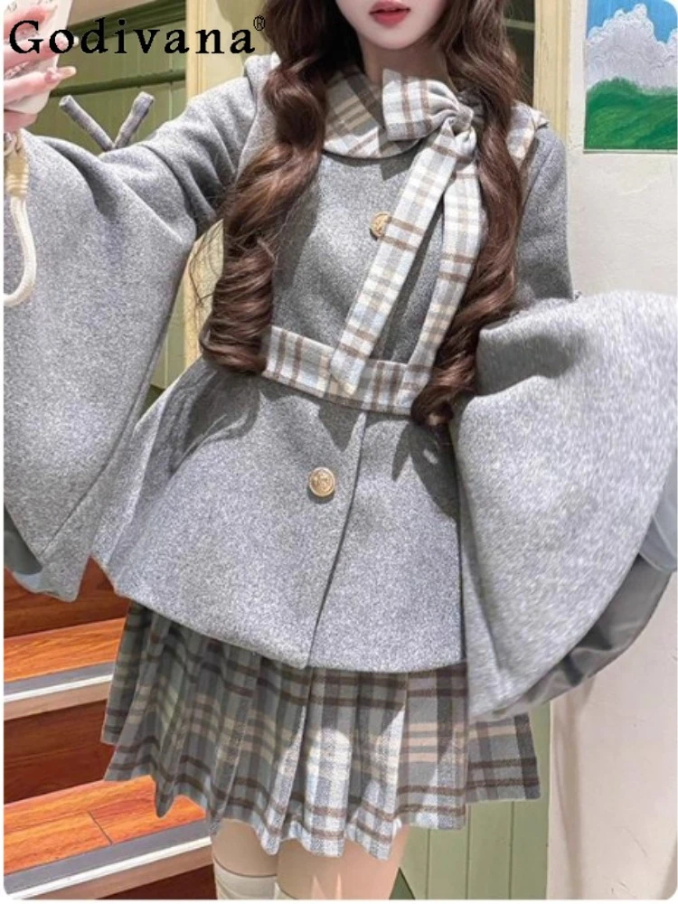 

Плюс размер шерстяной длинный расклешенный рукав модное пальто средней длины в клетку с бантом для девочек с высокой талией универсальные возрастные комплекты японских юбок