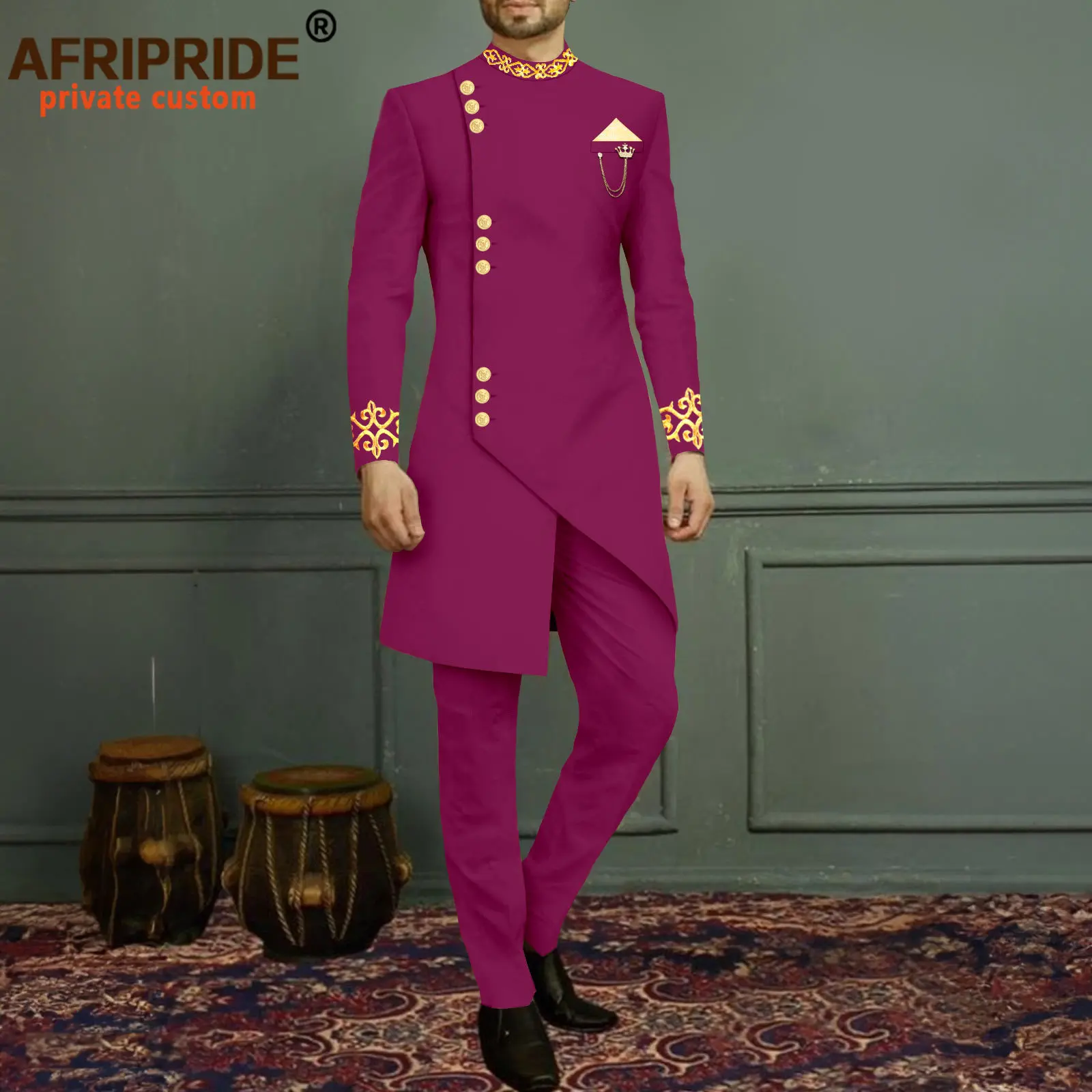 Men`s Suit Slim Fit Embroidery Single Breated Blazer and Pants Set African Clothes with Kerchief Brooch Formal Outfits 2416040