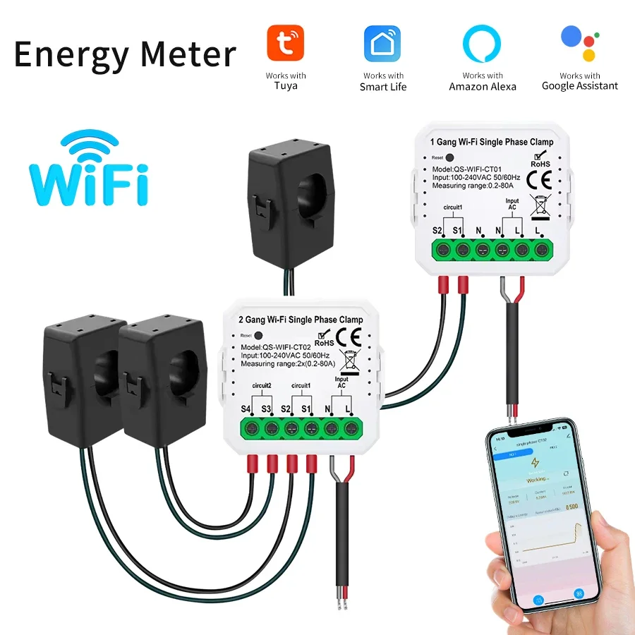 Tuya Smart Wifi Energy Meter Current Sensor Statistician for Solar PV System Home Power Monitor 110-240V 80A Single Phase Clamp