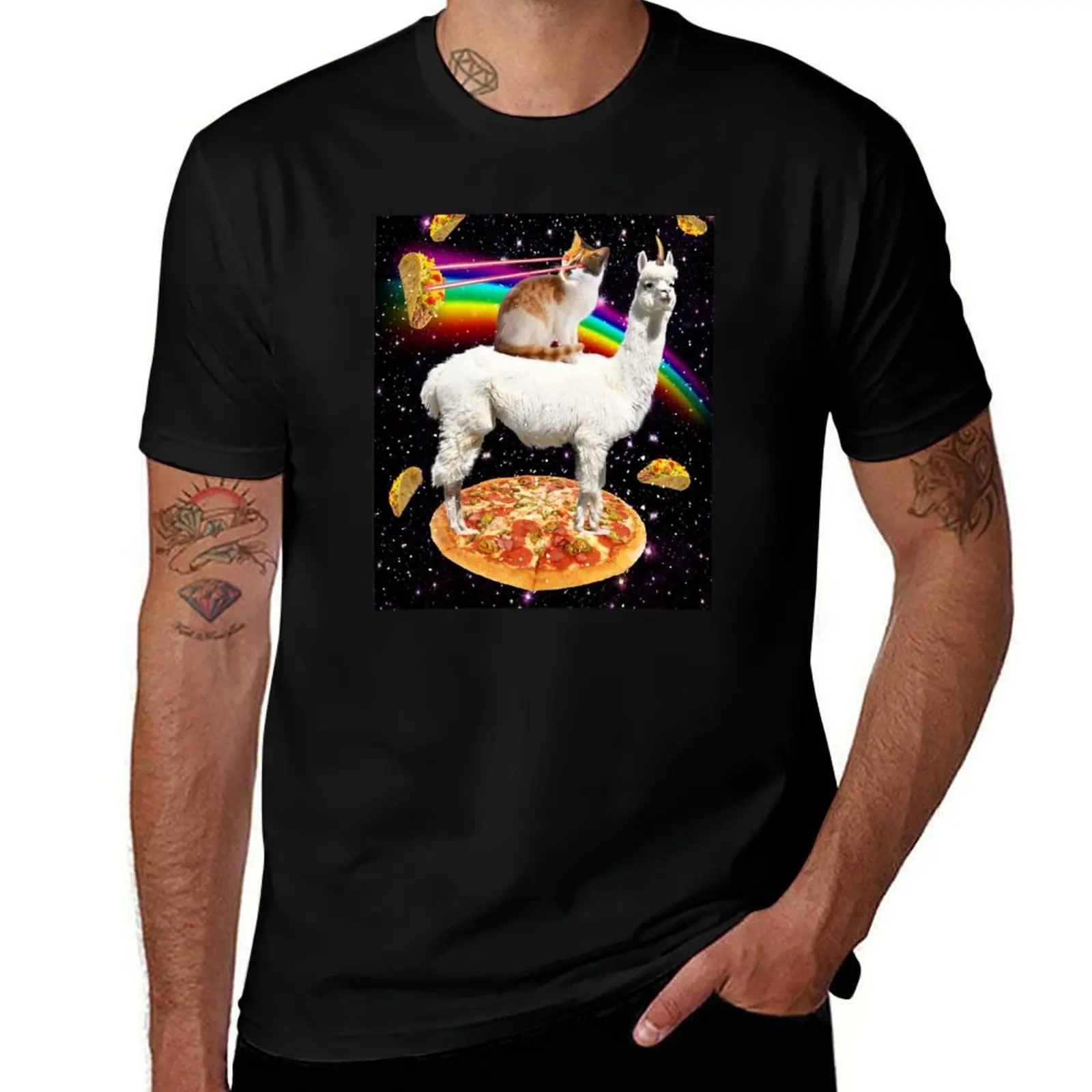 

The ORIGINAL Galaxy Laser Eye Cat on Llama on Pizza with Tacos & Rainbow T-Shirt t shirts cotton 100% man graphic t shirt