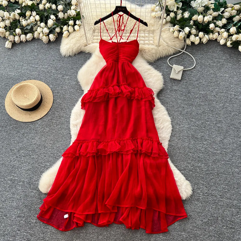 

Women Dresses Solid Dress A Line Camisole Ruffle Hem Sleeveless Empire Cinched Waist Ankle Length Loose Fit Casual 2026 Summer
