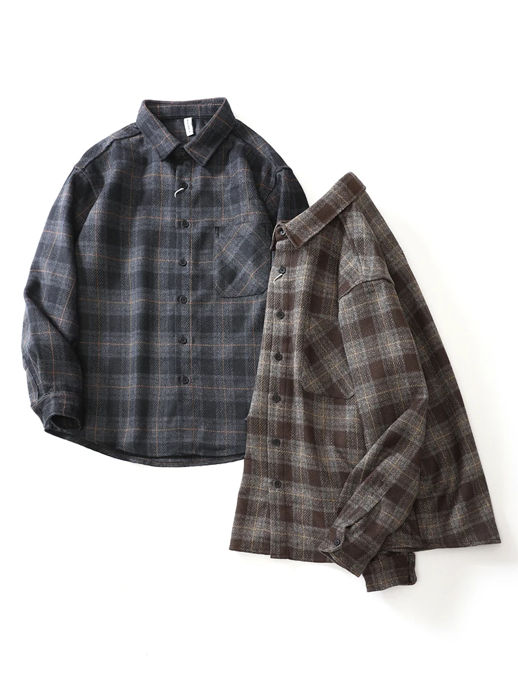 

Men's Plaid Long Sve irt Waed Woolen Loose Floing Casual Japanese Sle Outerwear Breathable Polyester Cotton Blend
