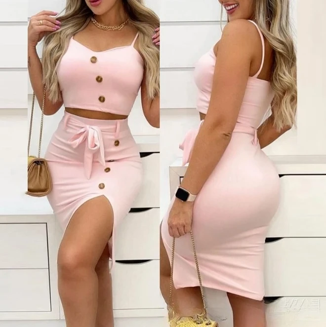 

Two Piece Set Women Outfit 2025 Summer Fashion Button Decor Spaghetti Strap Crop Cami Top & High Waist Split Midi Skirt Set