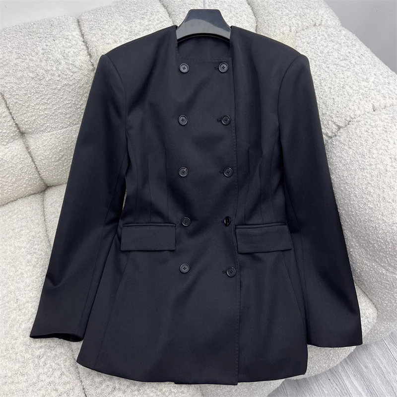 

Женская куртка 2026: новая летняя модель, двубортная, приталенная, с длинными рукавами, из шерстяной смеси, повседневное пальто-пиджак, длинная юбка-костюм