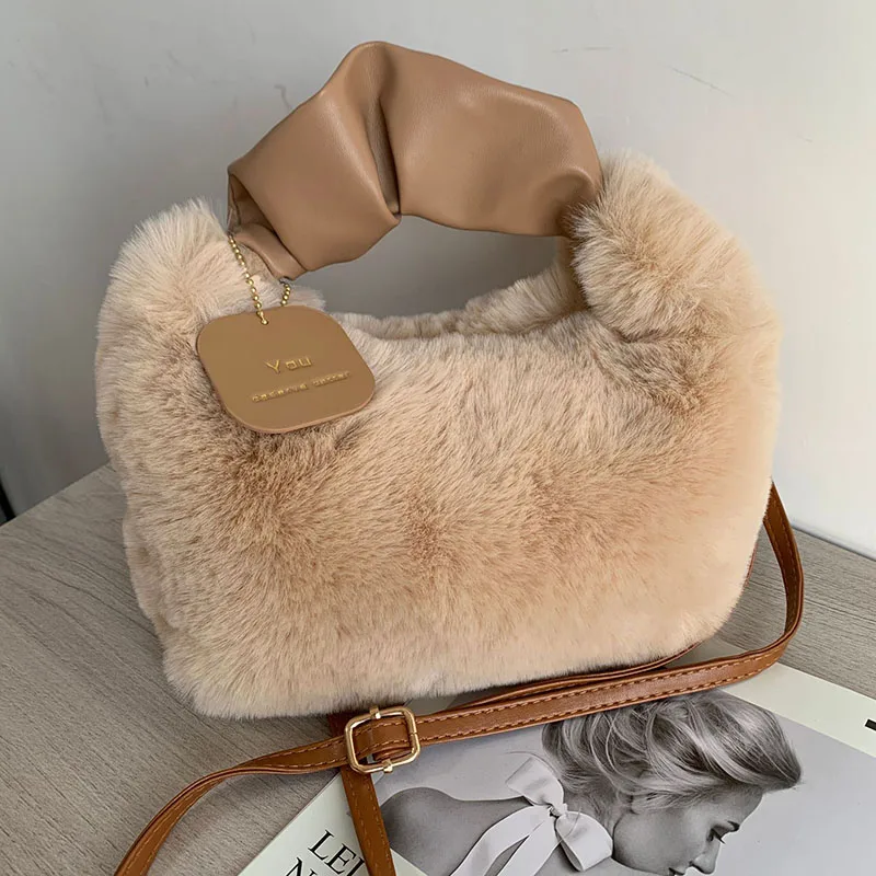 

Women Faux Fur Plush Handbags Ruched Handle Small Lady Shoulder Crossbody Bag Casual Tote Half-Moon Hobos Winter Bags for Women