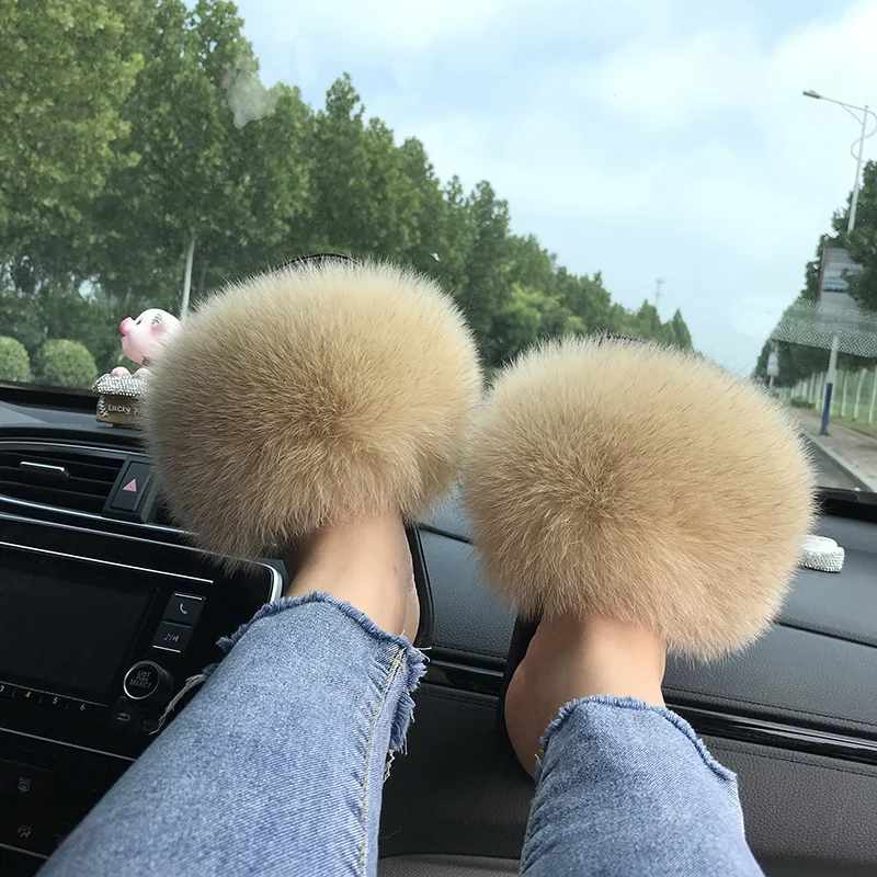 Fox Fur Slippers Women Summer Furry Home Outdoor Flat Sandals Casual Boys Raccoon Slides High Quality Luxury Flip Flops Shoes