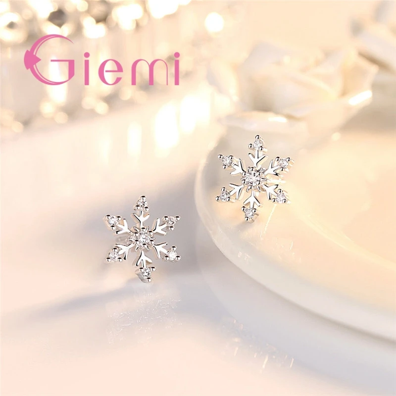 Lovely Christmas Gifts for Women Real 925 Stamped Snowflake Stud Earrings Micro Paved Crystals Sterling-Silver Jewelry
