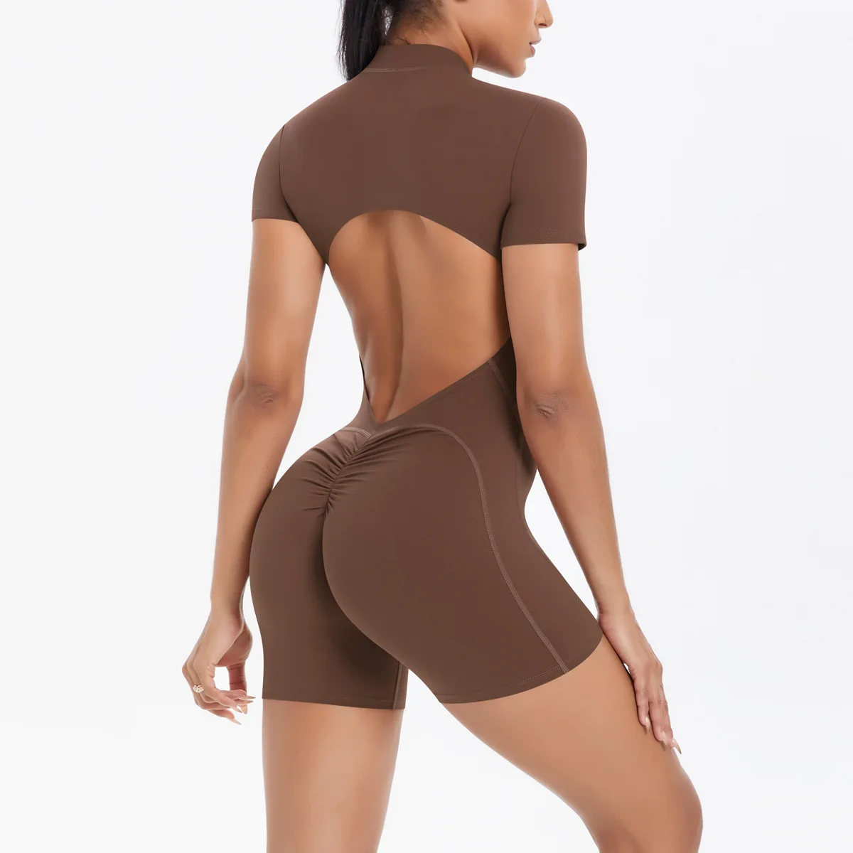 

Women Backless Jumpsuits Gym Shorts with Zipper Workout Yoga Pants Bodysuits Scrunch Sports Fitness Athletic Tights Rompers