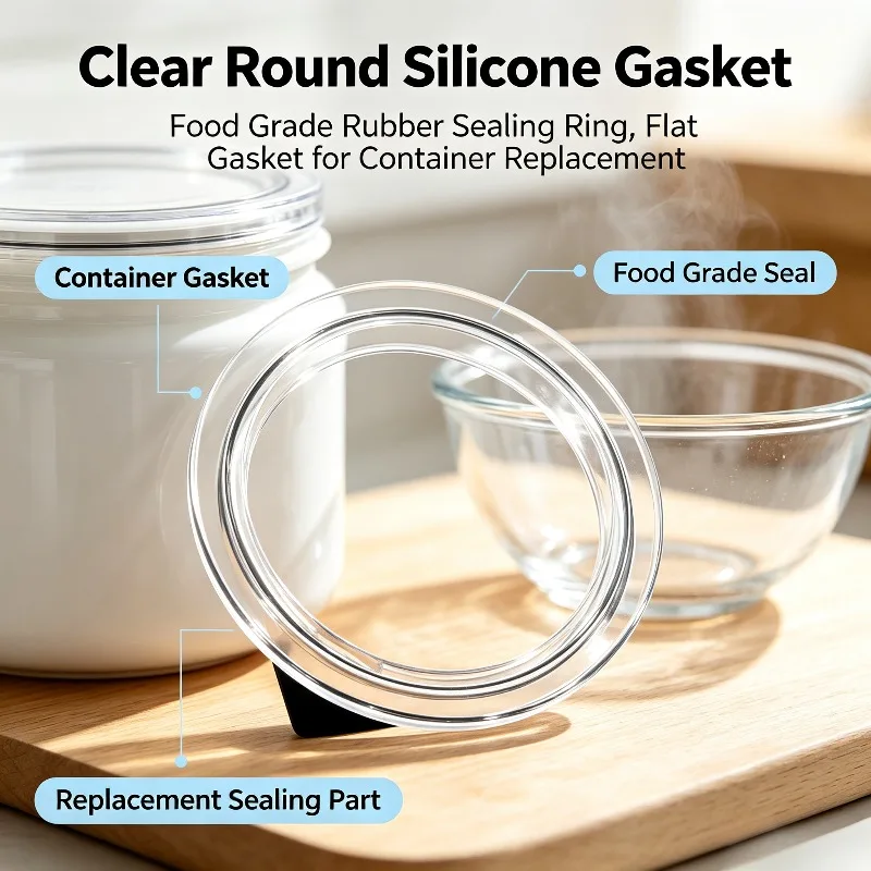 5 PCS Transparent Round Clear Silicone Gasket, Food Grade Rubber Seal Ring Flat Washer Replacement Container Sealing Parts