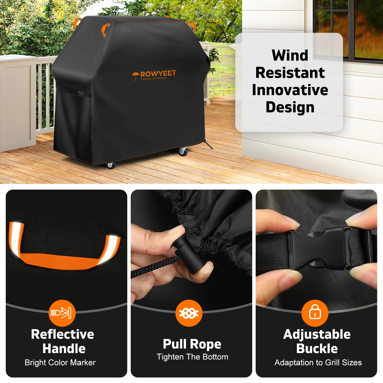 Orange Line Bbq Cover Rowyeet Outdoor Bbq Grill Cover, Waterproof and Uv-Resistant Gas Grill Cover, with Adjustable Hem view 4