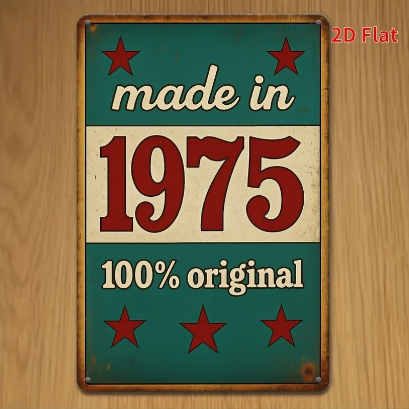 2D Flat  Metal The Year 1975 with a Green Background And Red Stars.  Sign Is Suitable for Home, Bar, Café, And Garage Decor