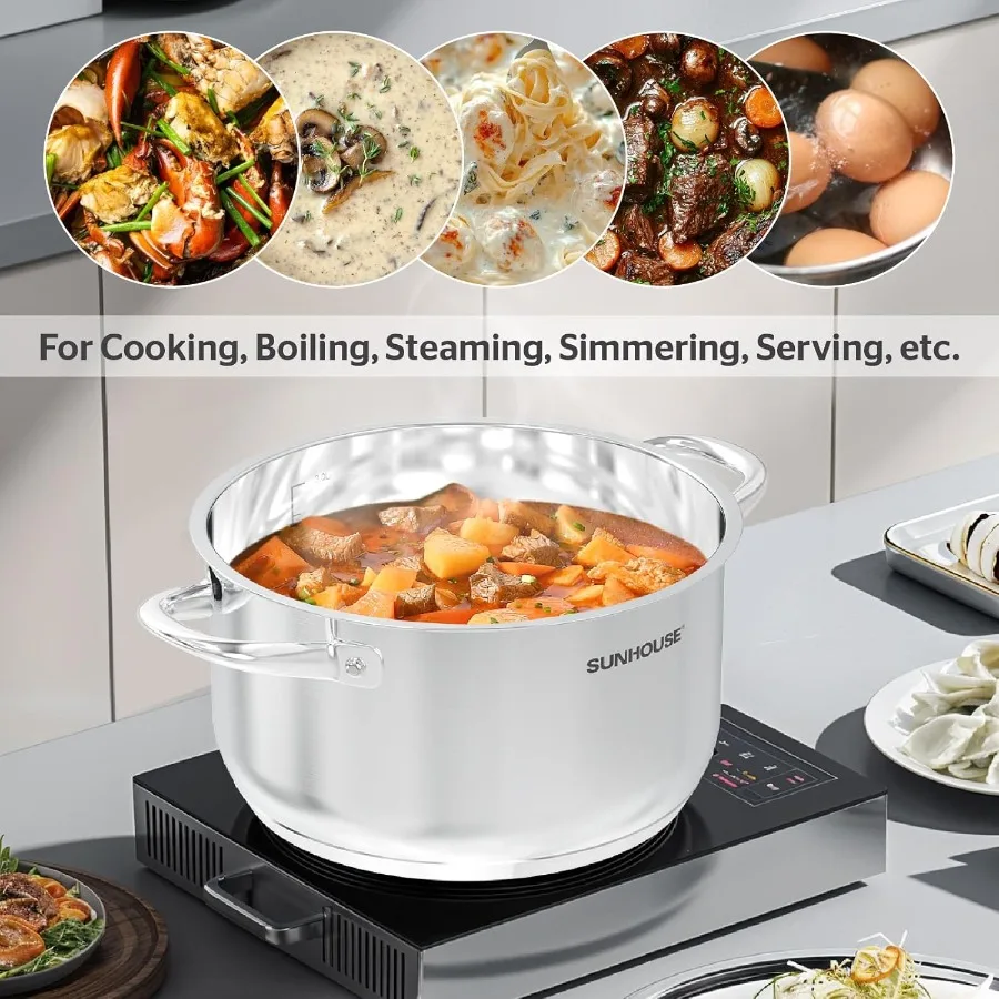 وعاء مخزون سعة 8 لتر مع غطاء لتعليب المعكرونة والوجبات الكبيرة ذات الحجم الكبير وبناء من الفولاذ المقاوم للصدأ بقاعدة 3 طبقات لسهولة ذلك