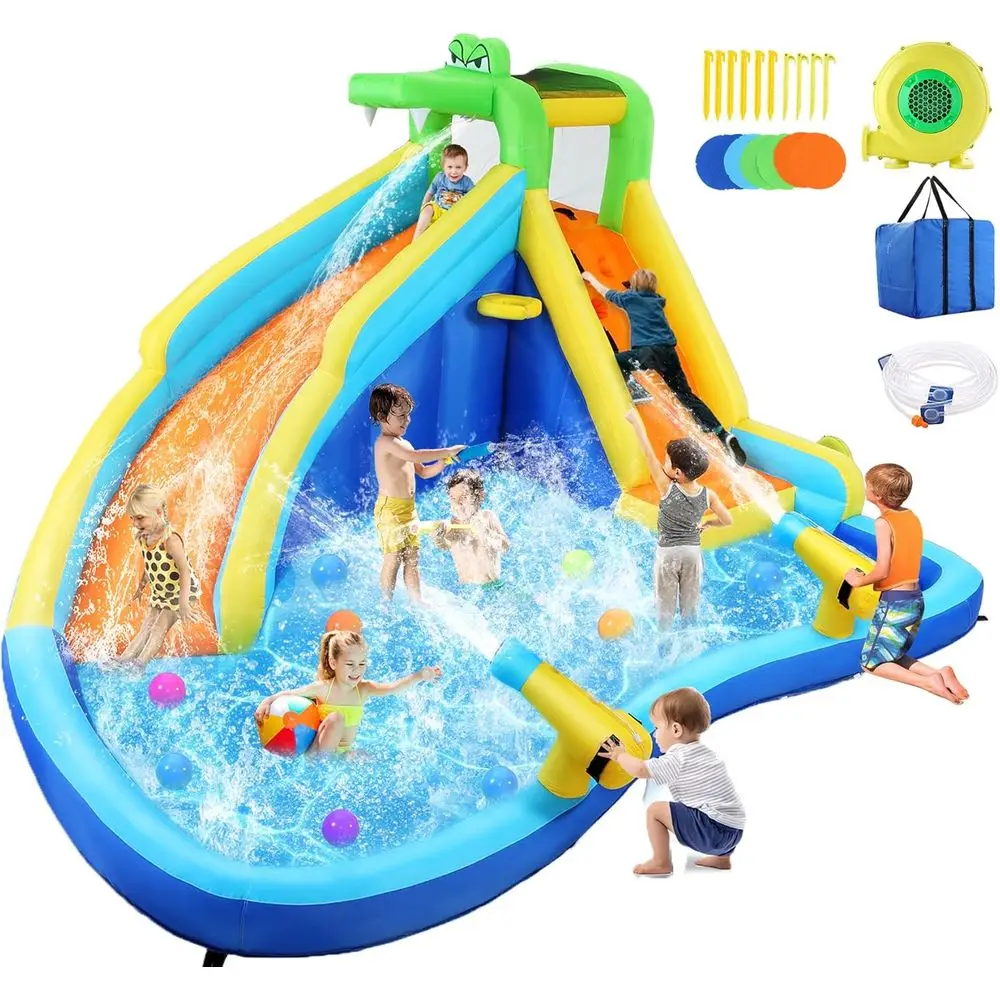 Iatable waterglijbanen voor kinderen met ventilator van 450 W, 6 in 1 opblaaswaterpark, 158x 138 x 89 waterglijbaan met klimwand, splashpool