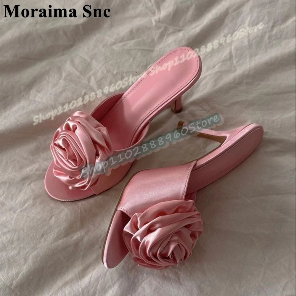 Pink Satin Rose Flower Slippers Stilettos High Heel Shoes For Women Slip On Peep Toe Casual Party Elegant Stylish Women Slippers
