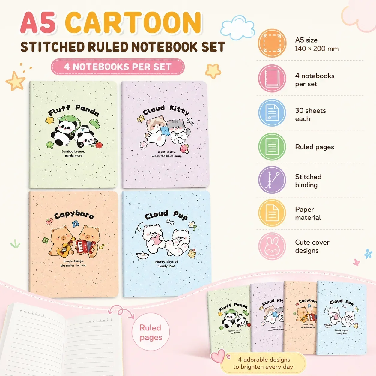 Cute A5 Stitched Notebook, Thick 30 Sheets Lined Journal, High Beauty Student Writing Notebook