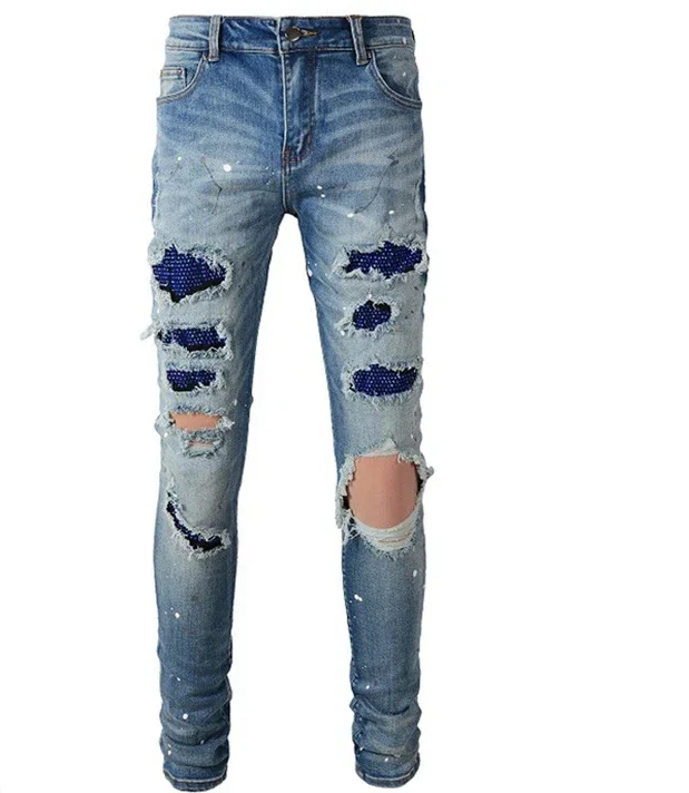 Jeans Men Diamonds Pencil Pants Distressed Skinny Mid Waist Hole Denim Trousers Autumn Streetwear Vintage Ankle Length Denims