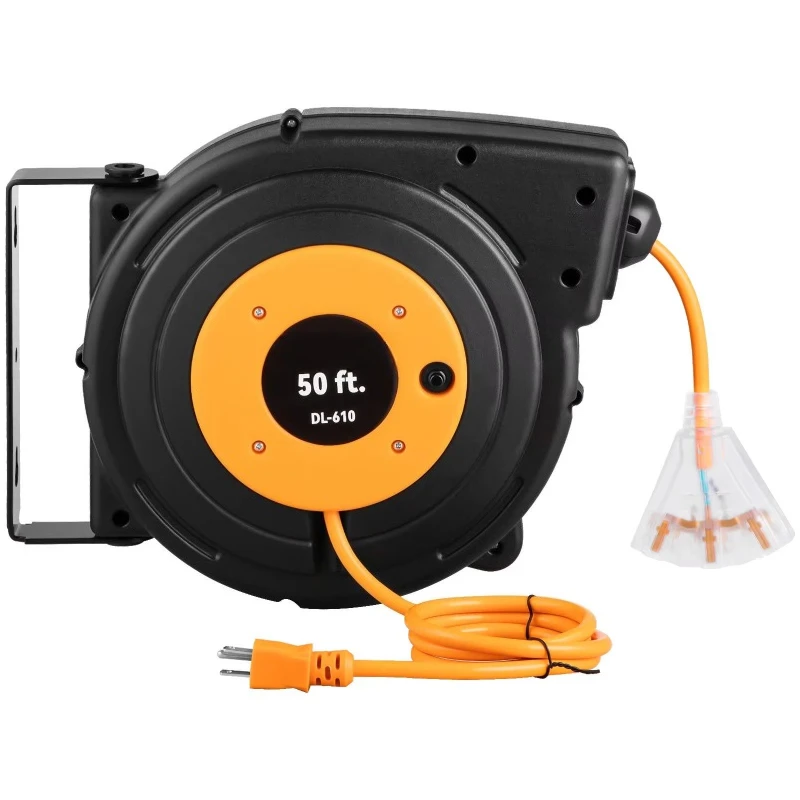 Power Cord Reel 50ft 14AWG 3 Outlets Outdoor Extension Cord