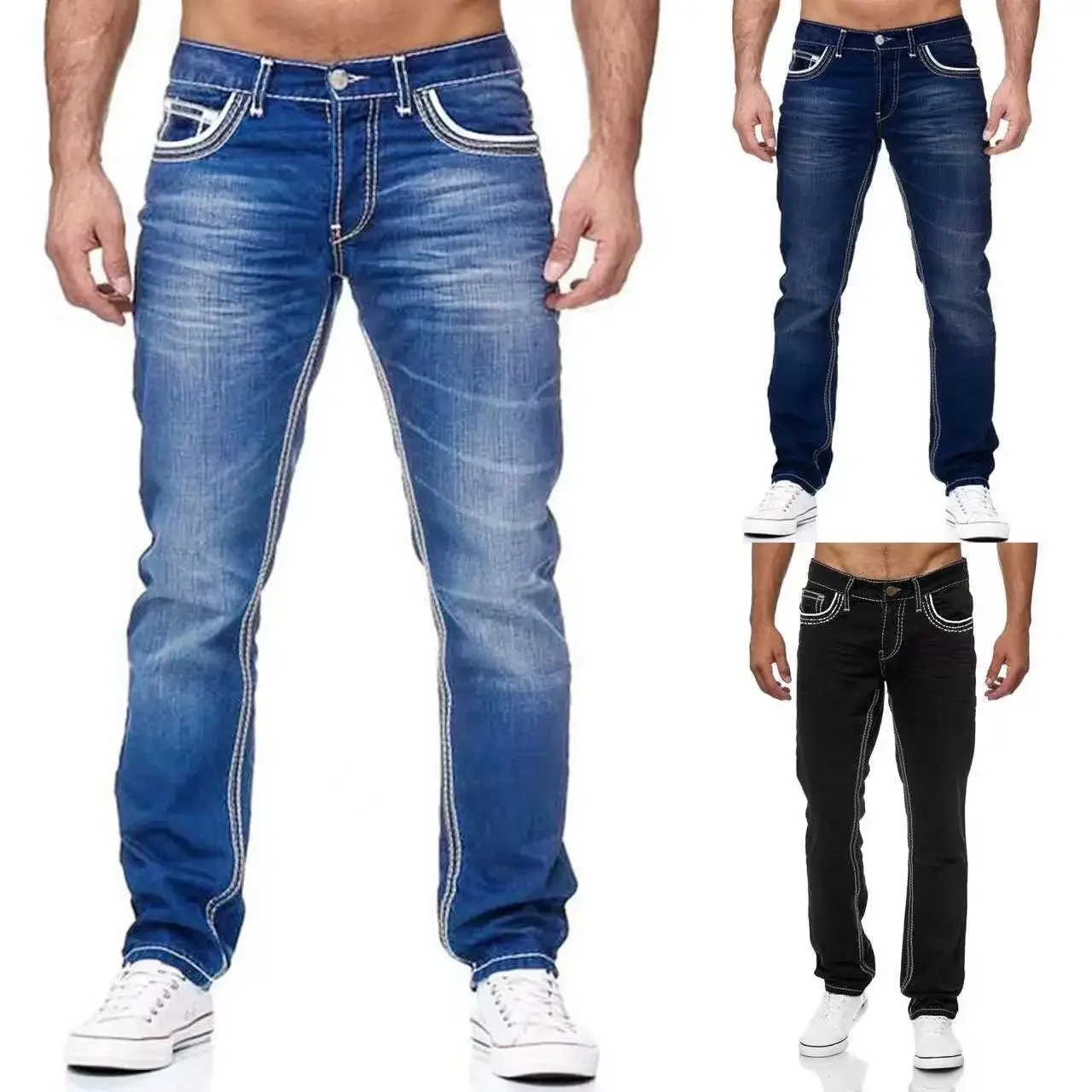 Vintage Men Jean Denim Pants Washed Pockets Mid Waist Zipper Fly Loose Fit Punk Style Distressed Ankle Length Straight Jeans