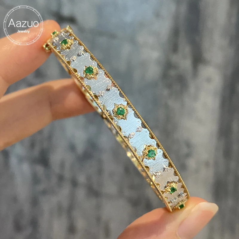 Aazuo Vintage Jewelry Set 18K Yellow Gold Natrual Emerald Real Didmonds Luxury Bangle Gift For Women Engagement Wedding Party
