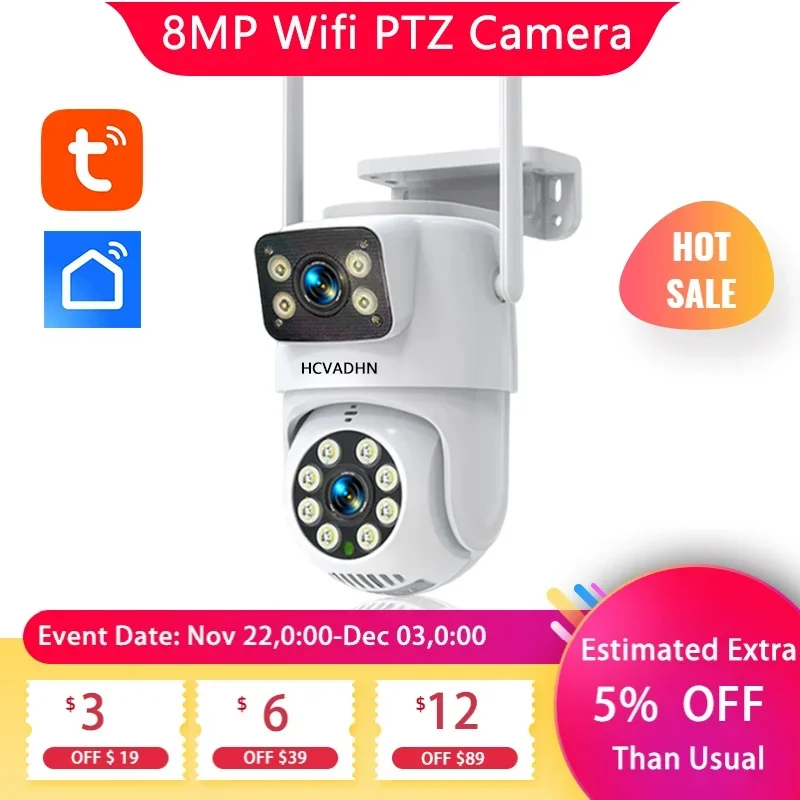 Tuya 4K 8MP PTZ Wifi Security Camera Dual Lens with Dual Screen Ai Auto Tracking Wireless CCTV Surveillance Camera Smart Life