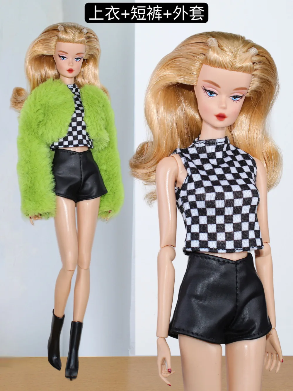 Clothes set / green plush coat + grid top + short / 30cm doll clothing suit outfit For 1/6 Xinyi FR ST PP Barbie Doll Xmas